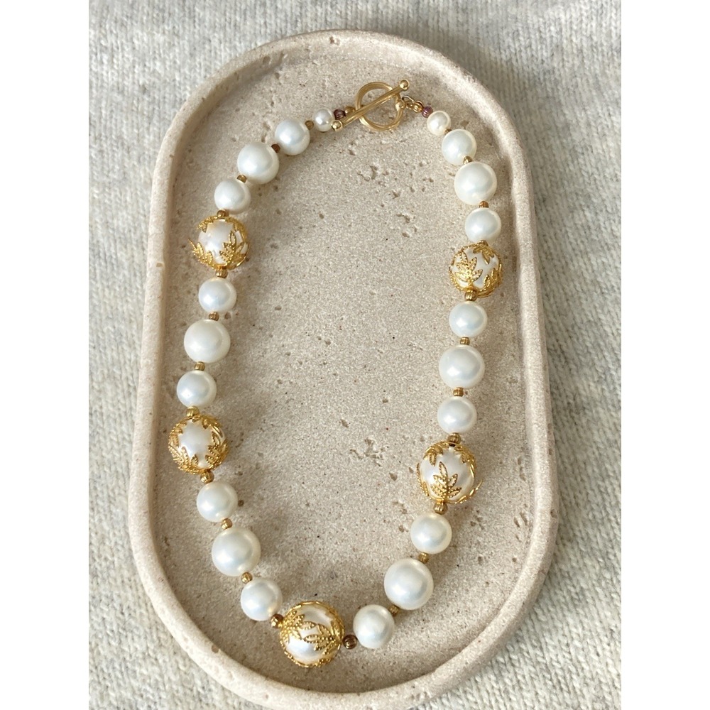 Faux Pearl Collar Necklace Gold Tone Filigree Beads Statement‎ Glam Couture Bold